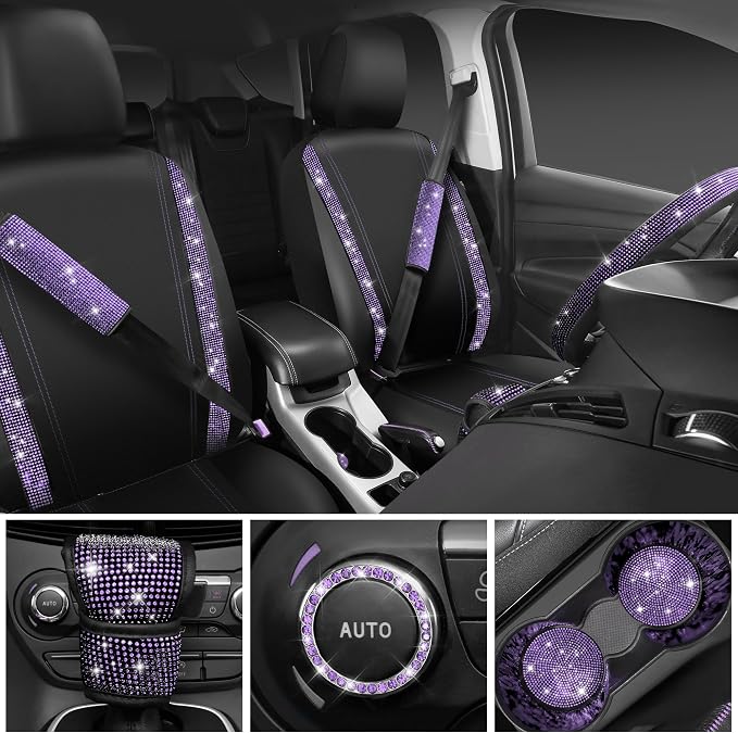 Bling Diamond Leather Car Seat Covers 11 PCS, Sparkly Rhinestone Steering Wheel Cover Glitter Cute Interior Car Accessories Sets Seat Belt Cushion Cup Holder Coaster Women Girl, Violet Purple
