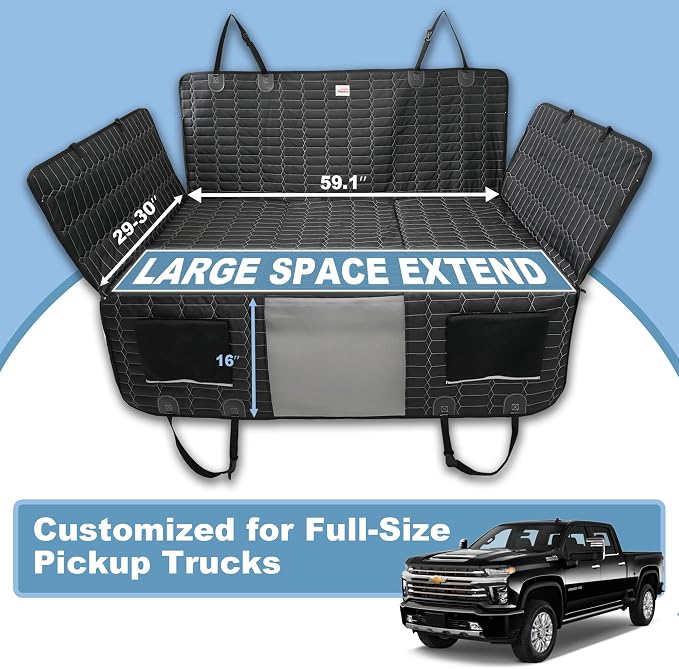 Back Seat Extender for Dogs Truck, Large Hard Bottom Car Seat Cover for Dogs, Waterproof Dog Hammock for Full Size Truck for Ford F-Series/RAM 1500/Silverado/Sierra