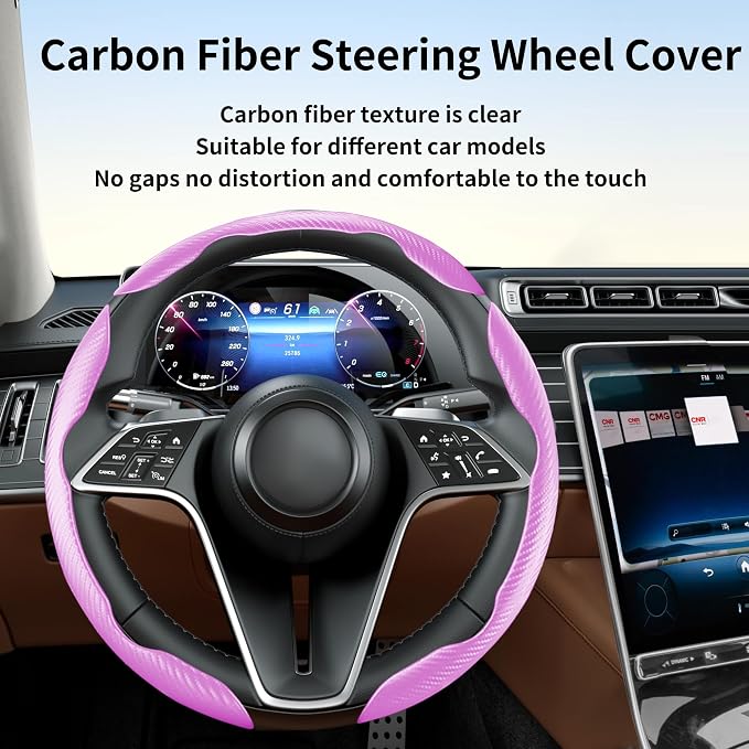 3Pcs Carbon Fiber Steering Wheel Cover Universal Fit 99% Cars | Non-slip soft grip, easy to wipe clean, quick to install, perfect for daily commutes and road trips, Pink