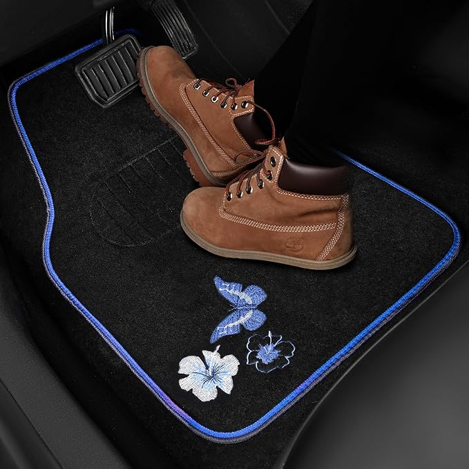 Universal Fit Embroidery Butterfly and Flower Car Floor Mats, Blue Car Floor Mats Fit 95% Automotive,SUVS,Sedan,Vans,for Women,Girly,Set of 4 (Black with Blue)