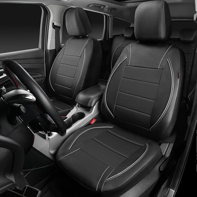 Universal Reflect Piping Leather Car Seat Cover, Fit for suvs,Van,Trucks,Airbag Compatible,Inside Zipper Design and Reserved Opening Holes (Full Set, Black and Grey)