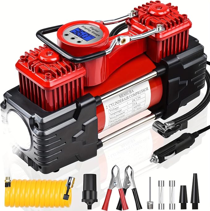 Dual Cylinder Tire Inflator Air Compressor, 150 PSI 12V DC Portable Air Pump with Digital Display, LED Flashlight, Auto Shut-Off, Heavy Duty for Truck, SUV, Car, RV (RED)