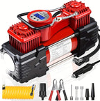 Dual Cylinder Tire Inflator Air Compressor, 150 PSI 12V DC Portable Air Pump with Digital Display, LED Flashlight, Auto Shut-Off, Heavy Duty for Truck, SUV, Car, RV (RED)