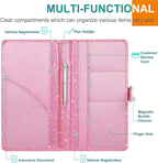 Car Registration & Insurance Holder - Leather Glove Box Organizer, Cool Accessories for ID, Driver's License Cards & Docs, Men & Women, Pink Glitter
