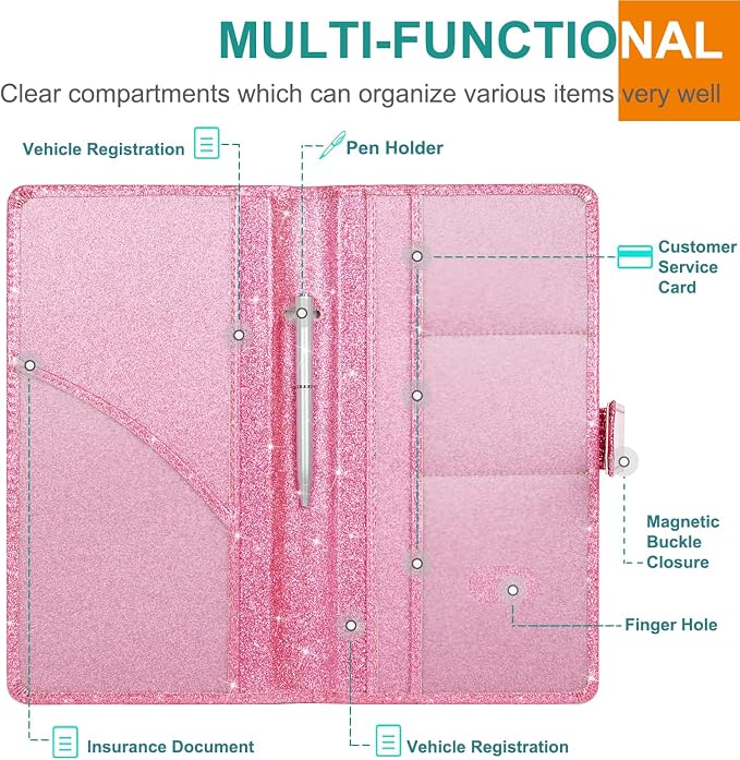 Car Registration & Insurance Holder - Leather Glove Box Organizer, Cool Accessories for ID, Driver's License Cards & Docs, Men & Women, Pink Glitter