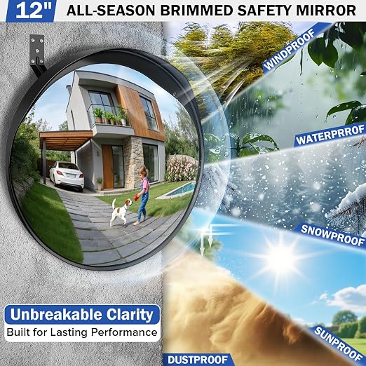 12 Inch Acrylic Convex Mirror with Rain Shield, Adjustable Wide Angle Security Mirror for Indoor Outdoor, Blind Spot for Garage, Warehouse, Driveway, Office Safety