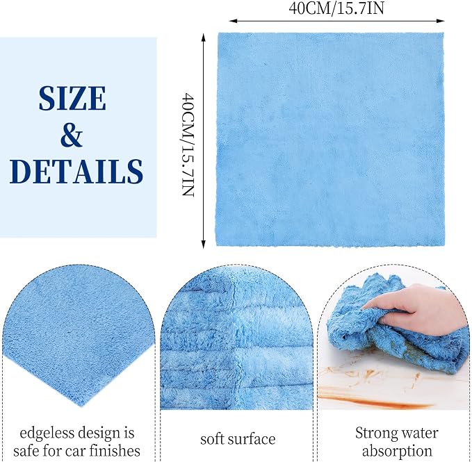 16 Pcs 15 Pcs Car Microfiber Towels Buffing Drying Wash Cleaning Cloths Plush Large Towels Thick Care Polishing Detailing Waxing Scratch Proof Towel, 15.75 x 15.75 Inch (Light Blue)