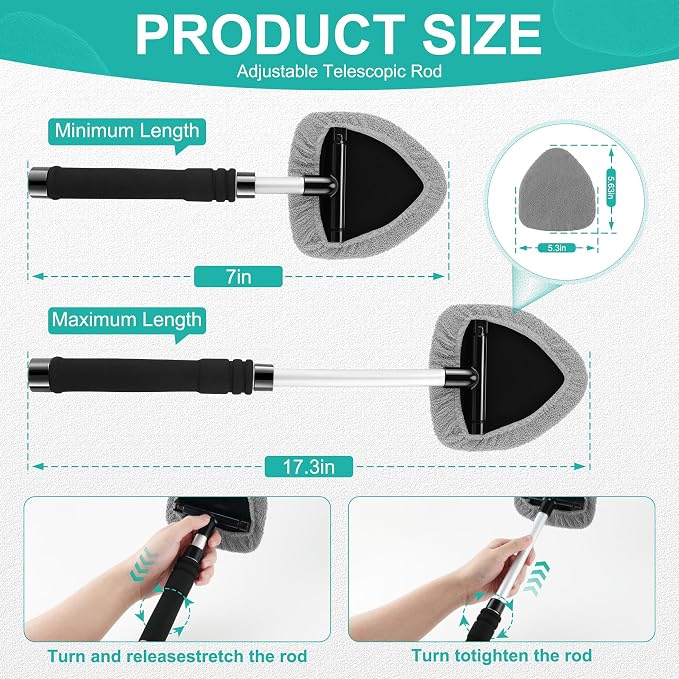 Windshield Cleaner Tool, Car Interior&Exterior Window Cleaning Tool with Extendable Handle & 4 Reusable Microfiber Pads, Auto Glass Wiper Brush Kit for Cars (Grey)