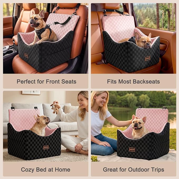 Elevated Dog Car Seat for Small/Medium Dogs up to 35 lbs, Memory Foam Booster Seat with Detachable Washable Cover, Travel-Safe Car Bed with Safety Belts & Storage Pockets, Pink