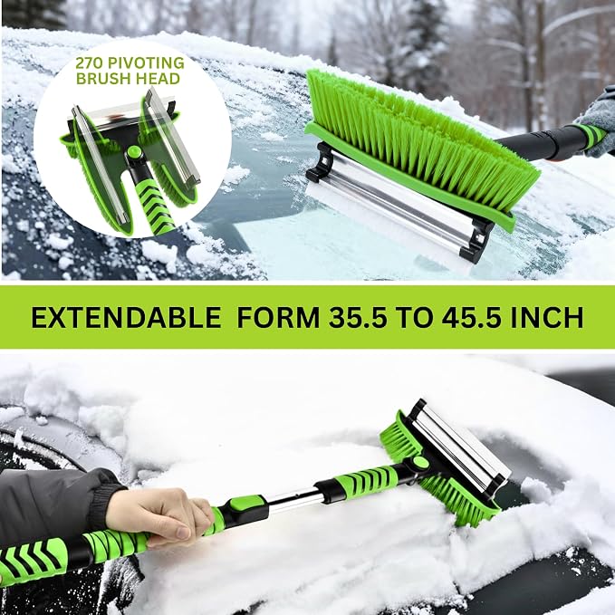 Snow Shovel & Ice Scrapers for Car Windshield, Snow Brush and Ice Scraper with Squeegee, Snow Removal Tool, Winter Car Accessories,Extendable Aluminum Handle, 180°Pivoting Brush Head, Green