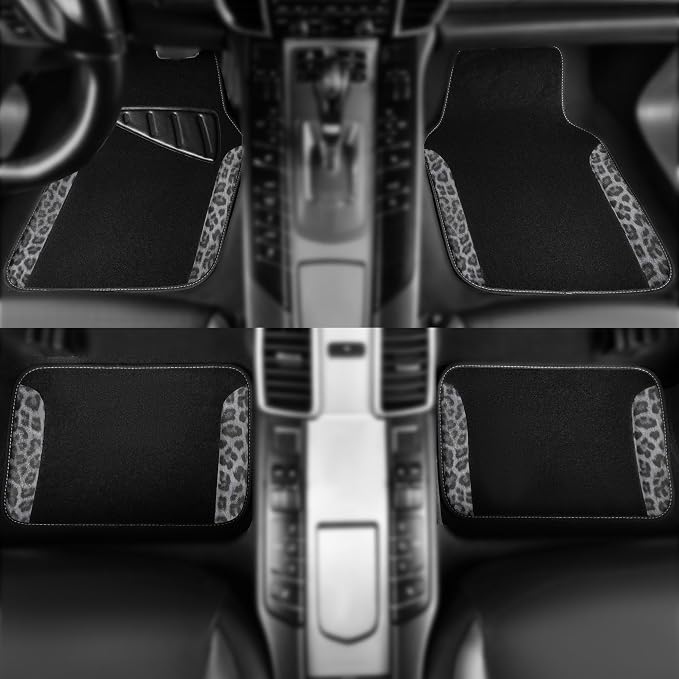 Waterproof Universal Car Floor Mats, Leopard Print Car Mats Fit for SUV,Vans,sedans, Trucks,Set of 4pcs Car Carpet with Driver Heel Pad and Nibs Backing, Leopard Car Accessories Gray Leopard
