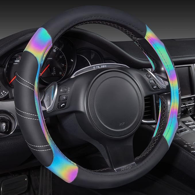 Line Rider Microfiber Leather Sporty 14.5-15 inch Steering Wheel Cover Universal Fits for 95% Truck,SUV,Cars, Anti-Slip Safety Comfortable Design (Black Reflective)