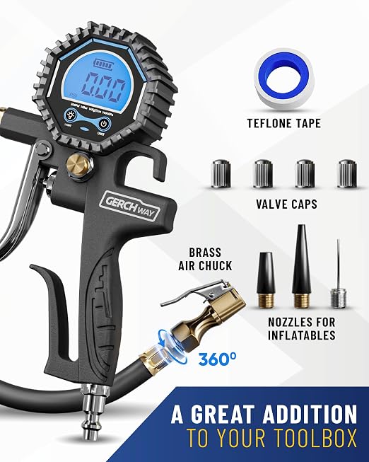 GERCHWAY Digital Tire Pressure Gauge with Inflator (3-200 PSI), Heavy Duty Air Chuck and Compressor Accessories with Swivel Air Chuck, Longer Hose, Large Display (0.1 Res)