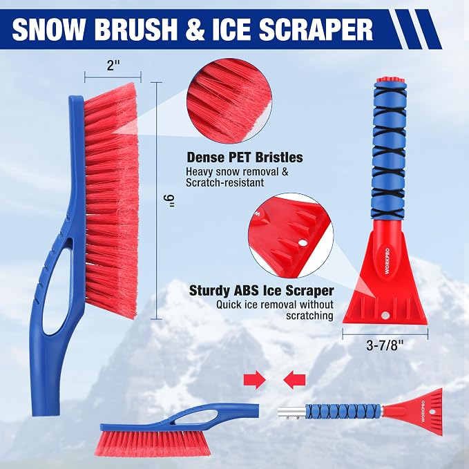 3-Piece Snow Removal Kit, 47" Detachable Snow Shovel, 27" 2-in-1 Ice Scraper & Snow Brush Tool, Separate Snow Scraper for Car, Truck, Driveway, and Winter Conditions, Storage Bag Included