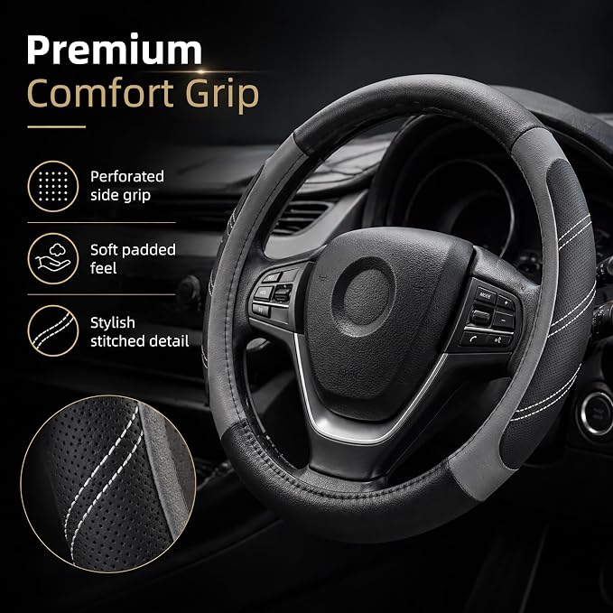 Leather Large Steering Wheel Cover 14 1/2 inch to 15 inch Universal, Soft Grip Breathable for Car Truck SUV Jeep Anti Slip Gray