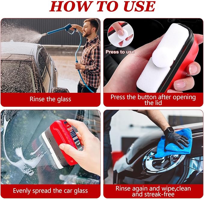 Automotive Oil Film Cleaning Brush for Glass Windshield & Windows – Upgrade 2.0 Kit with Cleaner & Refill, Anti-Rain & Anti-Fog Coating, Windshield Cleaner Tool for Clarity and Safer Driving (Red)