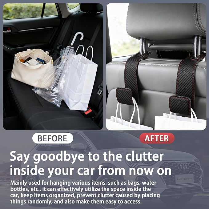 Leather Car headrest hook for purses and bags (Black Carbon fiber, 2pcs) | Leather wrap hook with Larger strap holder, friendly to your leather purse. Strong load up to 44lbs.