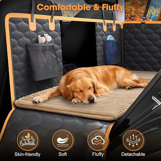 Backseat Pet Bed Mat, Non-Slip Dog Bed for Car Back Seat, Washable Travel Pet Mat with Removable Cover, Dog Seat Covers Protector Fit for Backseat Extenders and Trucks SUVs, 54"x 24.8", Brown