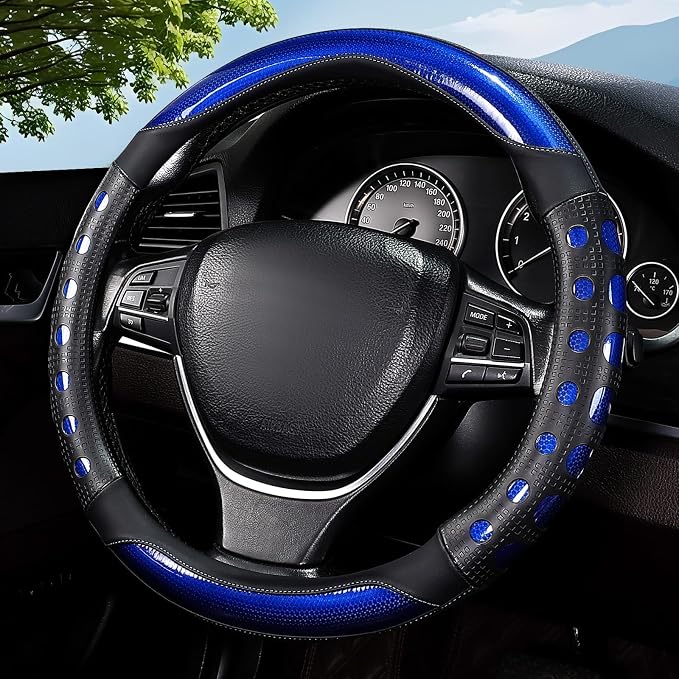 Hiseanllo Car Steering Wheel Cover, 14.5-15 Inch Universal Fit, Sporty Anti-Slip Leather Steering Wheel Protector with Glossy Color Accent, Comfortable Grip for Cars, SUVs, Trucks(Blue)