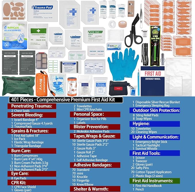 401 Pieces First Aid Kit with 2 Chest Seals & Israeli Bandage -Waterproof, Expandable Trauma Bag for Home, Car, Camping, Outdoor Emergency (Labeled Compartments, MOLLE Mountable)