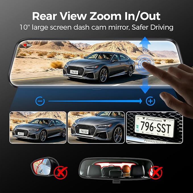 Mirror Dash Cam,Rear View Mirror Camera 10'', 1080P FHD Full Touch Screen Dash Cam Front and RearCam with Night Vision, Streaming Media 170°Wide Angle Parking Assistance Free 32GB Card