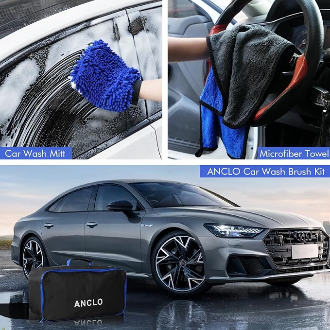 62'' Car Wash Brush with Long Handle, Scratch-Free Car Wash Mop Kit with Wheel Tire Brush, Wash Mitt Towel, Windshield Squeegee, Car Cleaning Brush Kit for Cars RV Truck Boat