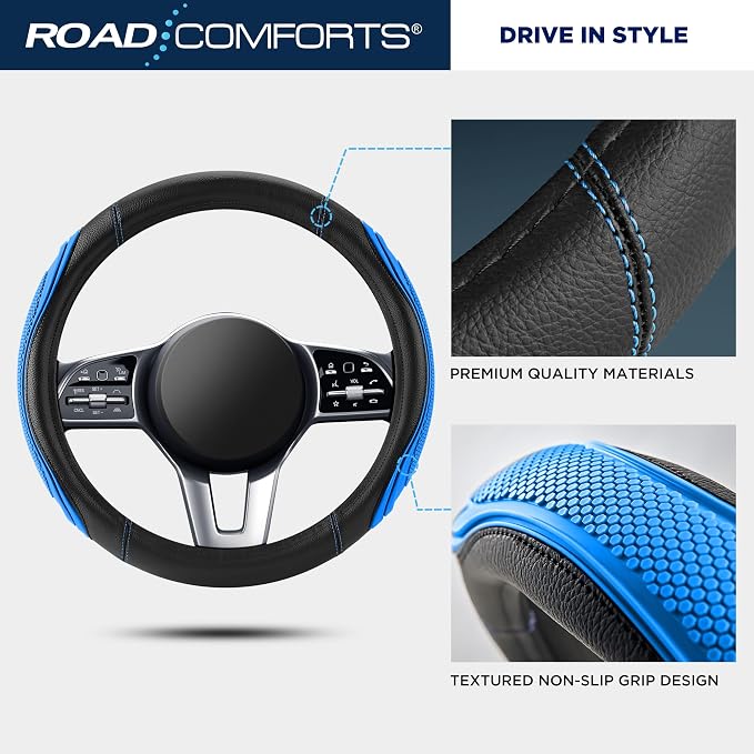 Car Steering Wheel Cover - Microfiber Leather Steering Wheel Wrap Sports 14.5-15 Inch Steering Wheel Cover Non-Slip for Men Women Blue Color