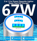 USB C Car Charger, 2Pack 3Port 67W Dual USB-C&USB-A Car Power Cigarette Lighter USB Charger 3 in 1 PD/QC Type C Car Charger Fast Charge for iPhone 17 17 Pro 16 15 14 13 12/Galaxy S26 S25/Pixel