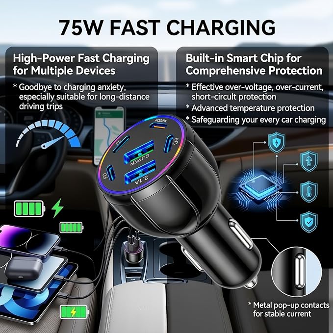 6 Ports 75W Fast Car Charger USB C & USB A,12V/24V Car Charger Adapter Cars Cigarette Lighter Chargers for Super/PD30W/PD/3.1A,12V/24V Cars Port Chargers for Phones,Tablets