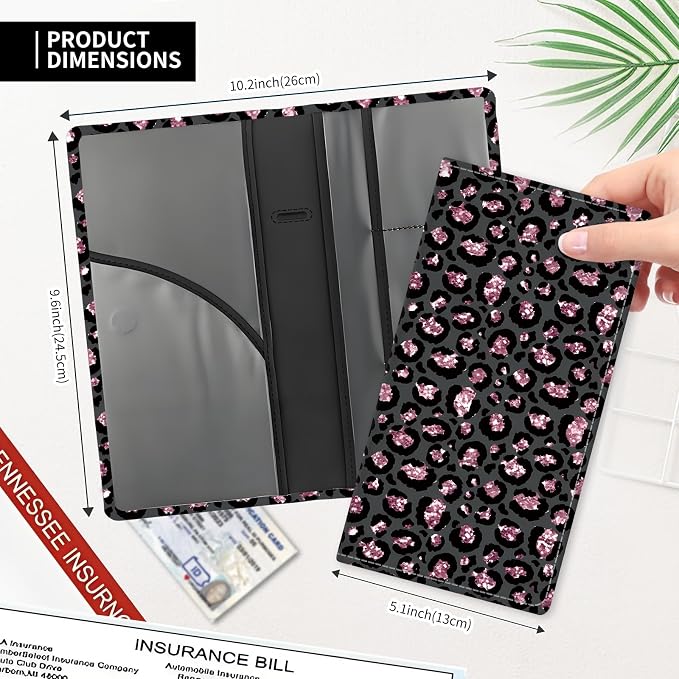 Leather Car Registration and Insurance Card Holder, Cute Car Accessories Vehicle Glove Box Car Organizer for Documents, Cards, License Glitter Pink Leopard