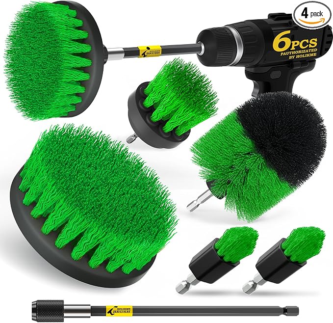 6Pack Drill Brush Power Scrubber Cleaning Brush Extended Long Attachment Set All Purpose Drill Scrub Brushes Kit for Grout, Floor, Tub, Shower, Tile, Bathroom，Scrub Brush Green