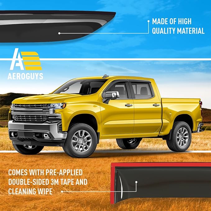 Extra Durable Window Deflectors Tape-On Window Visors Rain Guards Fit for Chevrolet (Chevy) Silverado 1500 2019-2026 Crew Cab, Sun Visors, Wind Vent for Shades, Exterior Car Accessories - 4pcs. AG0798