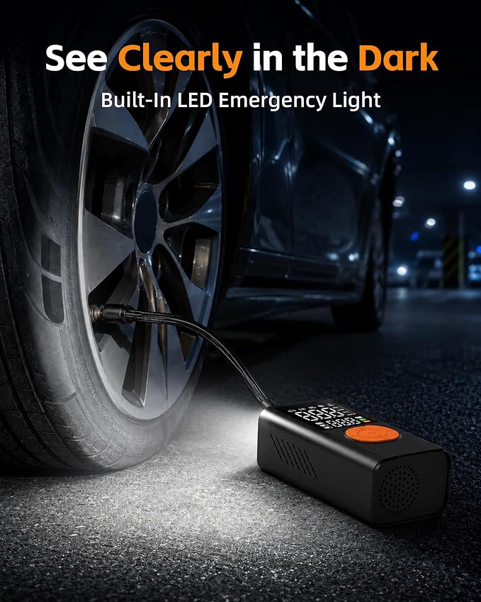 Tire Inflator Portable Air Compressor for Car Tires, 150 PSI Cordless Portable Air Compressor with Digital Pressure Gauge, Auto Shut-Off, LED Emergency Light for Roadside Emergencies