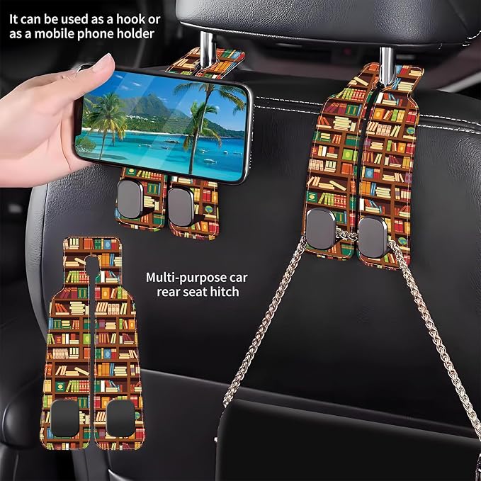 Car Headrest Purse Hanger Vintage Library Book Shelf 1 Pack Bag Purse Holder for Car Premium Leather Double Metal Hook for Handbags, Grocery Bags and Phones