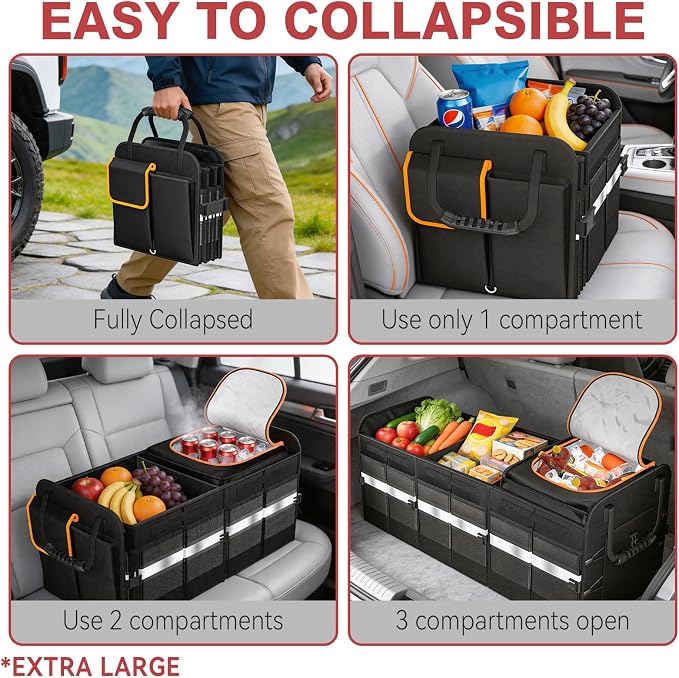 XL Heavy-Duty Trunk Organizer – Reinforced SUV & Truck Cargo Storage with 6 Adjustable Compartments, Trunk Organizer with Cooler, Collapsible Large Trunk Organizer for Car with Cover