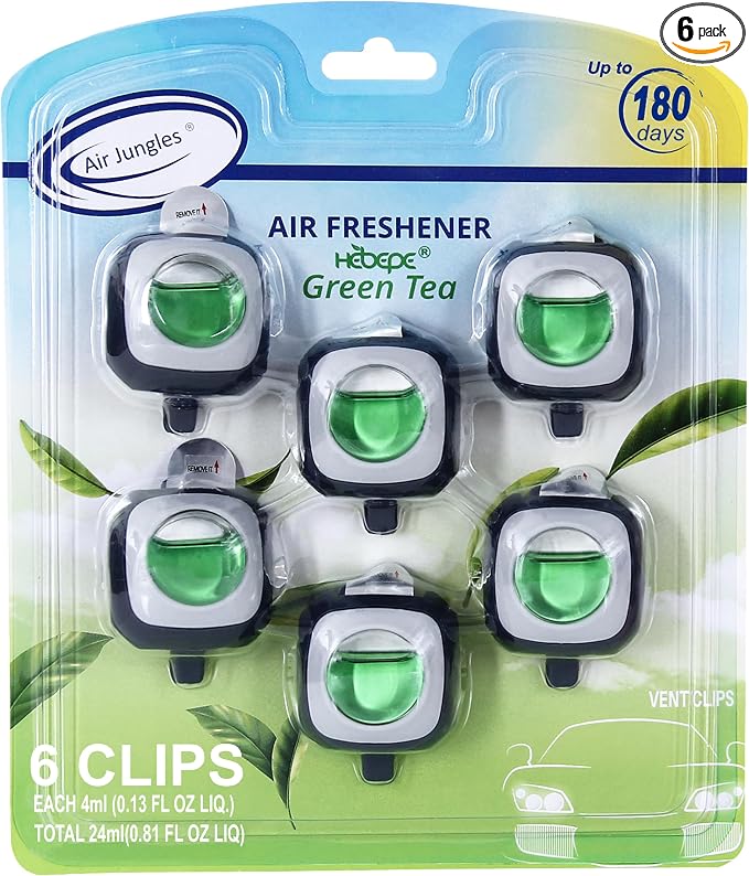 Green Tea Scent Car Air Freshener Vent Clip 6 Ct | Long Lasting Up To 180 Days Car Refresher, Auto Interior Odor Eliminator Fragrance Oil Perfume Accessory, 4ml Each