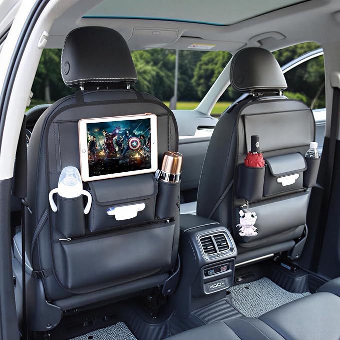 Car Seat Organizers Waterproof Backseat Protector with Storage Pocket Large Leather Kick Mats for Kids Pets Automobile SUV Truck (Black, Large Pocket)