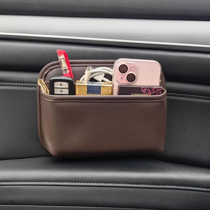Driver's Car Storage Bag, Small Car Side Pocket Organizer for Car Seats, Doors and Consoles, PU Leather (Brown)