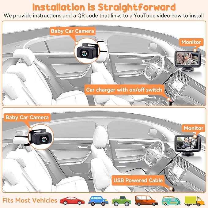 Baby Camera for Car 2 Pack - Dual HD 1080P Monitors with Night Vision, Adjustable Angles, Glare-Free Display, Easy Installation for Two Vehicles, Ideal for Road Trips