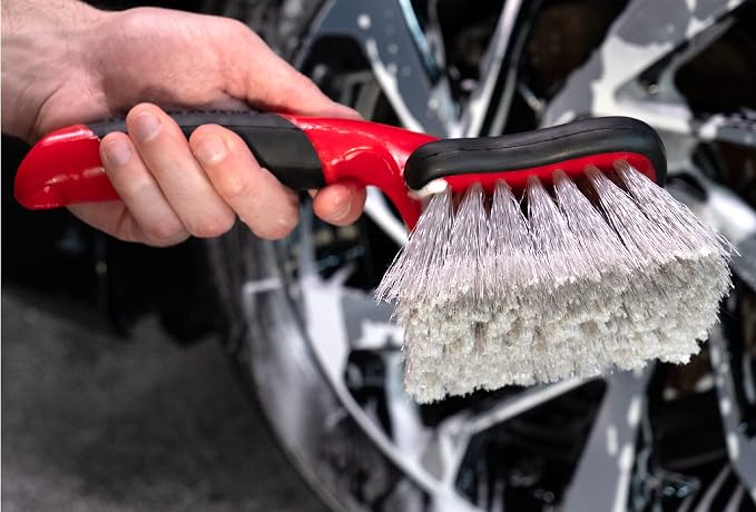 Car Wash Brush, Wheel and Fender Brush, Short Handle Tire Cleaner for Car Detailing, 10 Inch, Red/Black