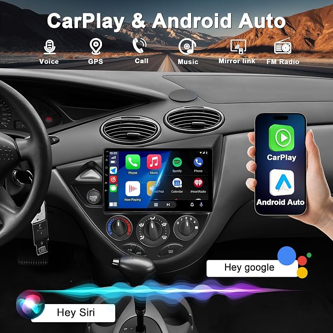 4G+64G Car Radio for Ford Focus 1998-2006: Upgrade Android 15 9" Touch Screen Stereo Head Unit Wireless CarPlay Android Auto, BT 5.4, WiFi 6, GPS, FM, RDS, EQ, SWC, 1080P Backup Camera