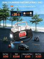 Heavy Duty Tire Inflator 12V Portable Air Compressor Pump 150PSI | 6X Faster Inflation Dual Cylinder Metal Air Pump with Led Light for Car, RV,Pickup Truck, SUV, Van,Camper, Air Bed,Balls