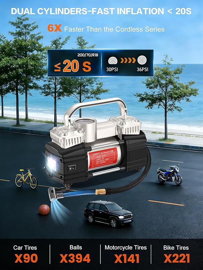 Heavy Duty Tire Inflator 12V Portable Air Compressor Pump 150PSI | 6X Faster Inflation Dual Cylinder Metal Air Pump with Led Light for Car, RV,Pickup Truck, SUV, Van,Camper, Air Bed,Balls