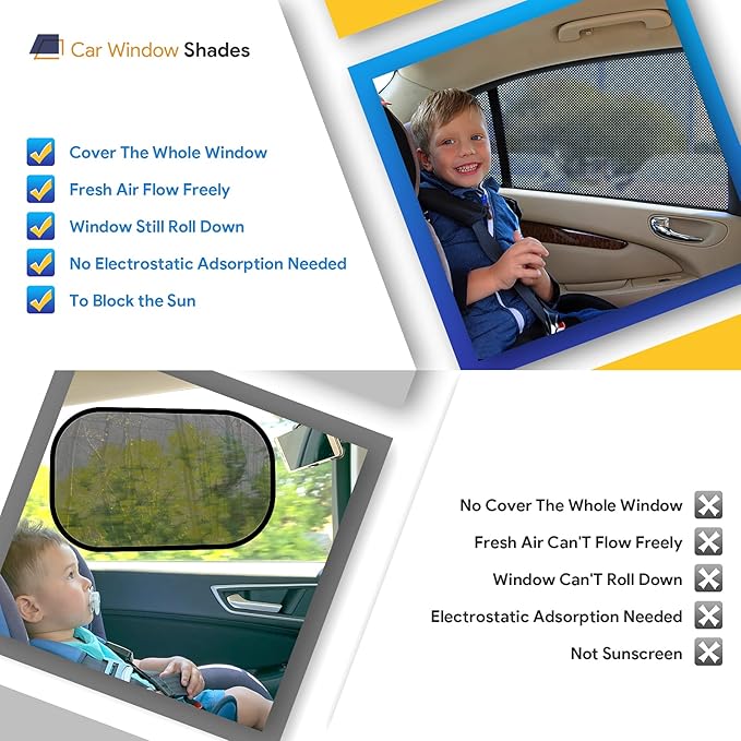 Car Window Shades, 2 Pack Breathable Mesh Side Sun Shades, Stretch Screens for Baby/Camping, Heat Block UV Protection, Back Window Covers for Car, Truck, SUV, Van (XL 63' x28'')