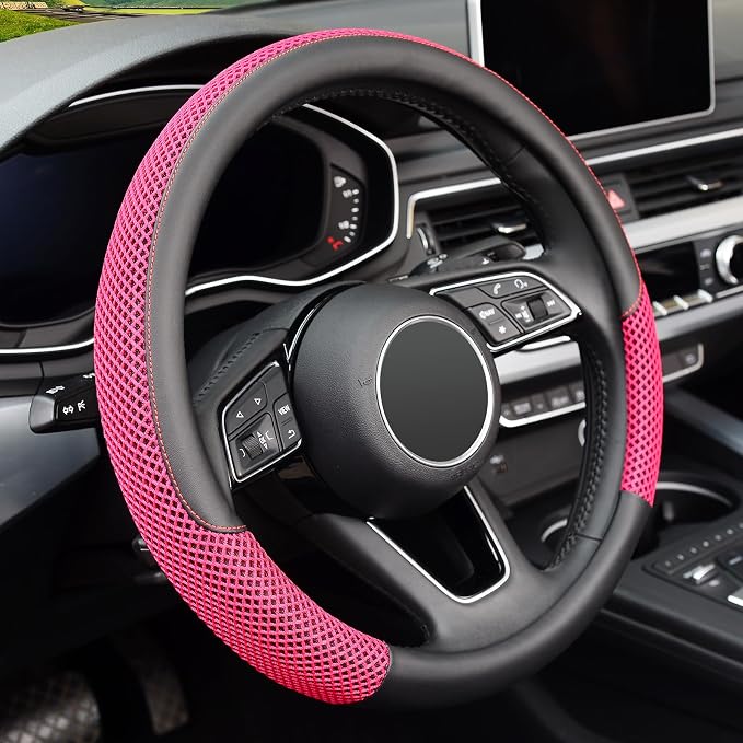 15 inch Steering Wheel Cover, Cooling Ice Silk Mesh with Microfiber Leather, Heat Resistant, Breathable, Anti-Slip, Summer Cool, Universal Fit, Black & Red
