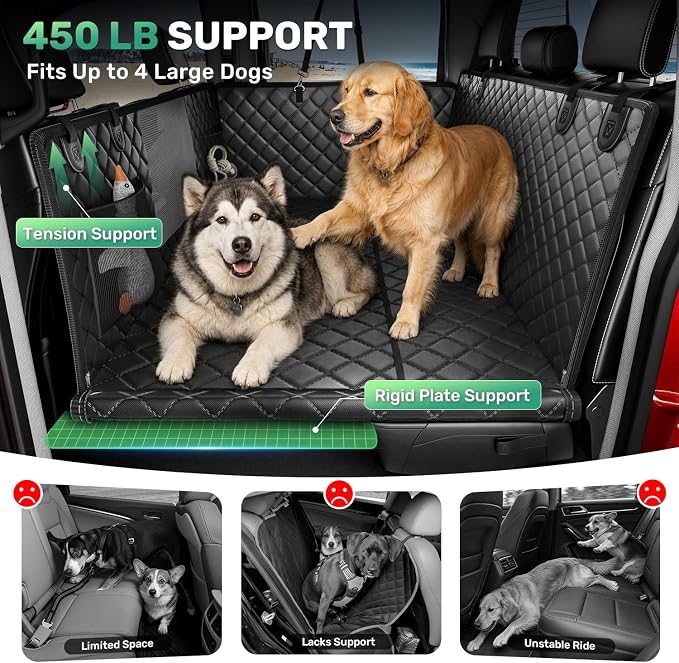 Heavy-Duty Dog Truck Seat Cover, Flat Solid Back Seat Extender for Multi Large Dogs, Hard Bottom Supports 450 lb, Waterproof Hammock Protector, XL for Full-Size Crew Cab Trucks & SUVs, Black