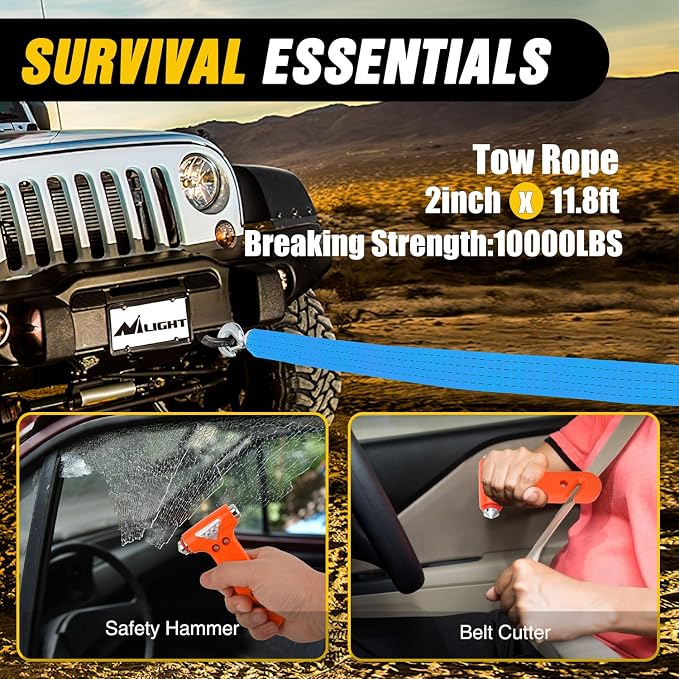 Car Emergency Kit with Jumper Cable, First Aid Kit Safety Assistance Tools for Travel Camping Outdoor Cars Truck SUV RV, Roadside Essentials with Flash Light