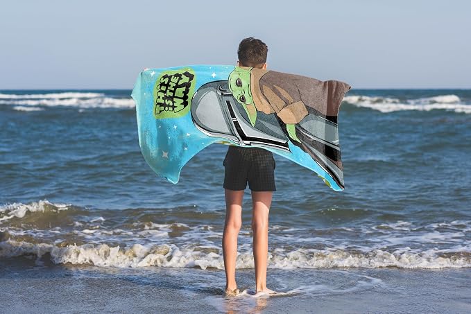Kids Beach Towel - 100% Cotton Super Soft Absorbent Bath Towel, 28" x 58" Inch Lightweight for Travel, Official Licensed Product, Blue - Star Wars Mandalorian