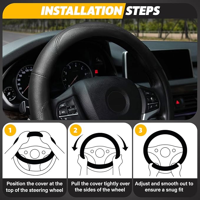 Car Steering Wheel Cover | Premium & Durable PU Leather with Anti-Slip Design | Universal Fit 14.5" - 15" Steering Wheel Cover | Car and Truck Accessories - Black