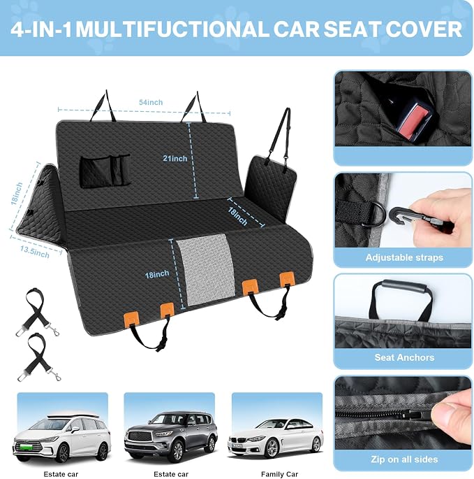 Dog Car Seat Cover for Back Seat, Waterproof Protector with Side Flaps, Scratchproof Hammock, Non-Slip Bottom for Cars/Trucks/SUVs (Black+Grey)